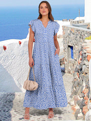 ANRABESS Womens Summer Casual Maxi Dress V Neck Ruffle Sleeve Long Dresses Fashion Flowy Tiered Boho Beach Vacation Sundress Black Large