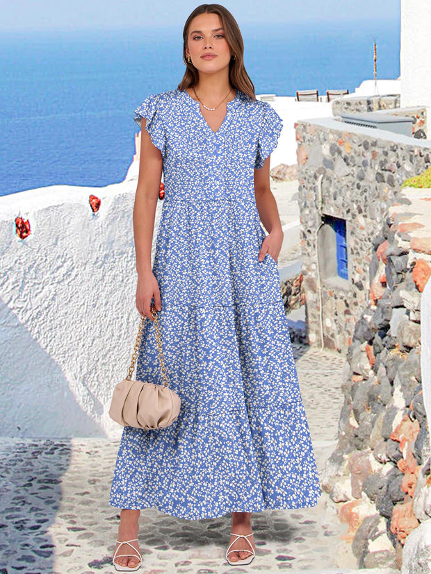 ANRABESS Womens Summer Casual Maxi Dress V Neck Ruffle Sleeve Long Dresses Fashion Flowy Tiered Boho Beach Vacation Sundress Black Large