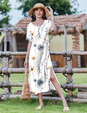 Zeagoo Women Long Sun Dress Summer T Shirt Dresses Beach Dress Casual Short Sleeve Tropical O Neck A Line Maxi Dresses Loose Side Slit Cover Up with Pockets 2025 Black XXL