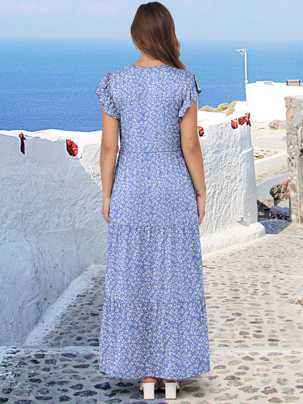 ANRABESS Womens Summer Casual Maxi Dress V Neck Ruffle Sleeve Long Dresses Fashion Flowy Tiered Boho Beach Vacation Sundress Black Large
