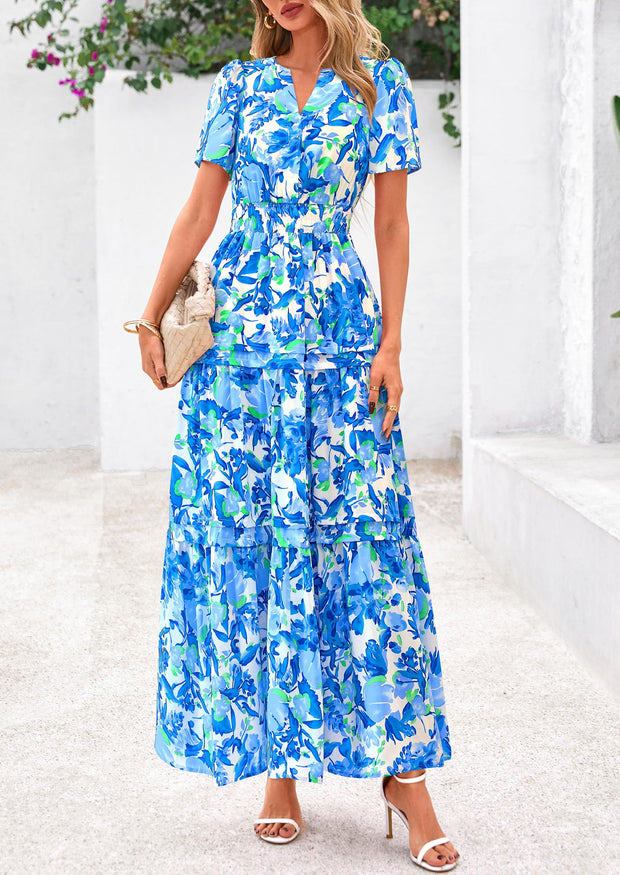PRETTYGARDEN Women's 2025 Summer Boho Maxi Dresses Floral Short Sleeve V Neck A Line Tiered Flowy Long Beach Vacation Dress (White Pink Floral,Large)