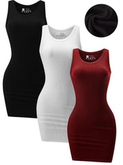 3 Piece Womens Summer Ribbed Tank Dress Scoop Neck Sleeveless Tank Top Dresses Basic Bodycon Mini Dress