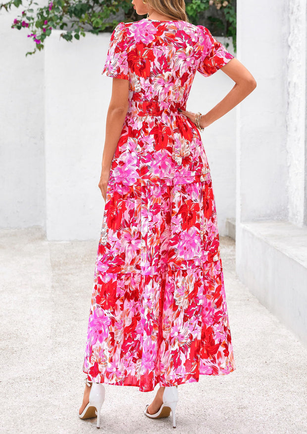 PRETTYGARDEN Women's 2025 Summer Boho Maxi Dresses Floral Short Sleeve V Neck A Line Tiered Flowy Long Beach Vacation Dress (White Pink Floral,Large)