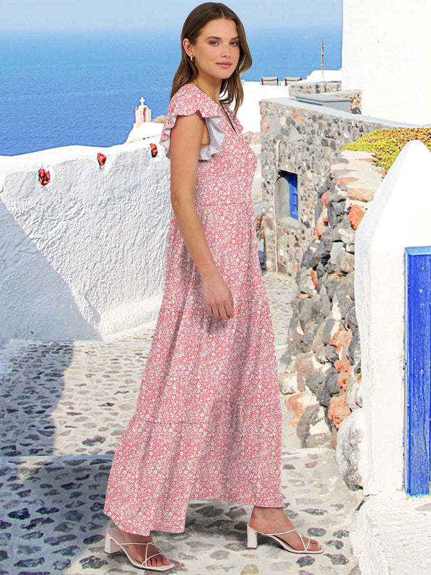 ANRABESS Womens Summer Casual Maxi Dress V Neck Ruffle Sleeve Long Dresses Fashion Flowy Tiered Boho Beach Vacation Sundress Black Large
